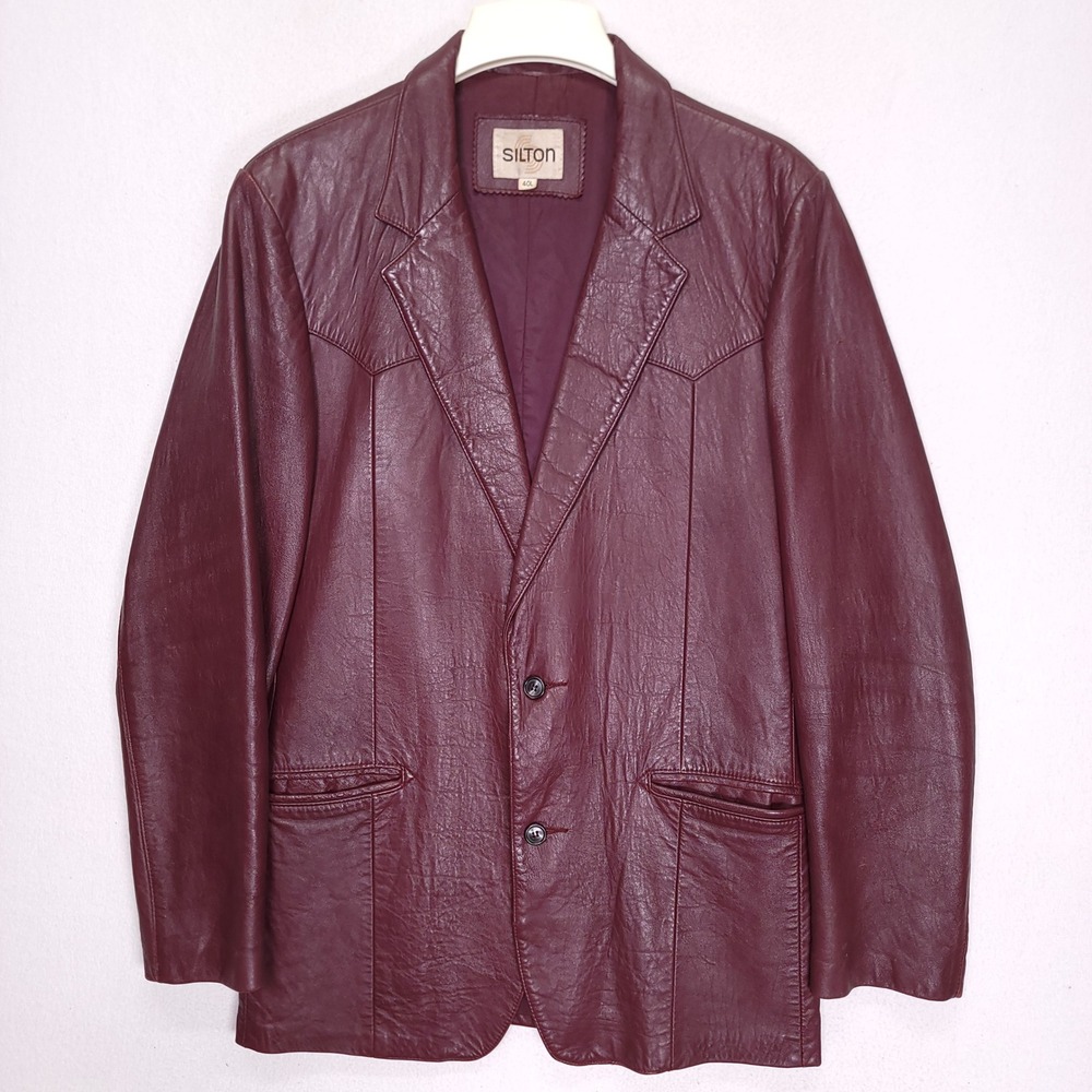 Silton Mens Vintage Burgundy Genuine Leather Western Blazer‎ Jacket 40L Oxblood